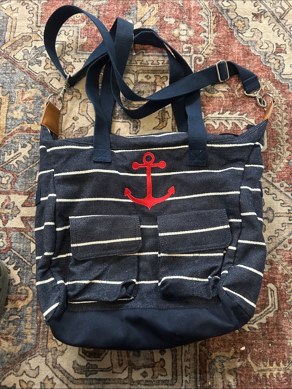 thirty-one Navy and White Striped Tote with Red Anchor and inside cooler pocket